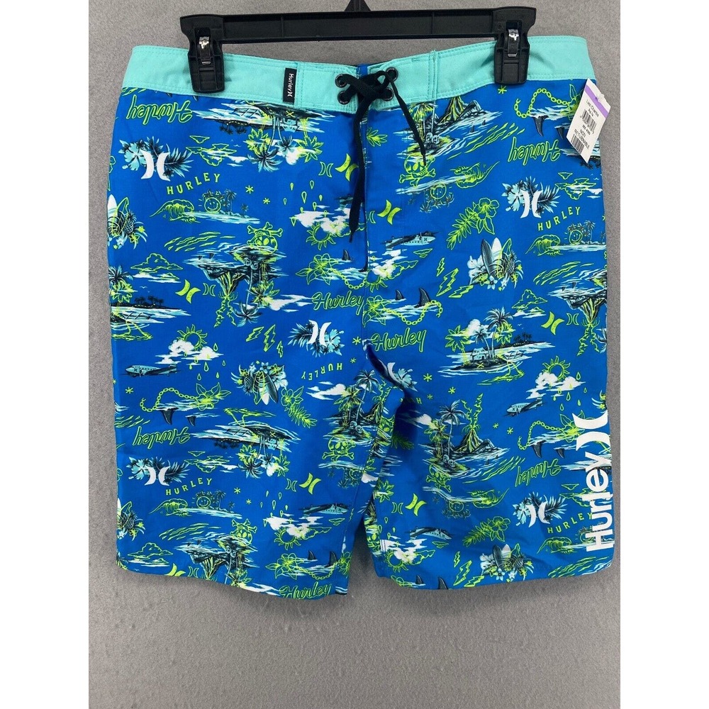 Hurley Board Shorts Mens Sz 30 Blue Tropical Swim Surf Stripe Drawstring